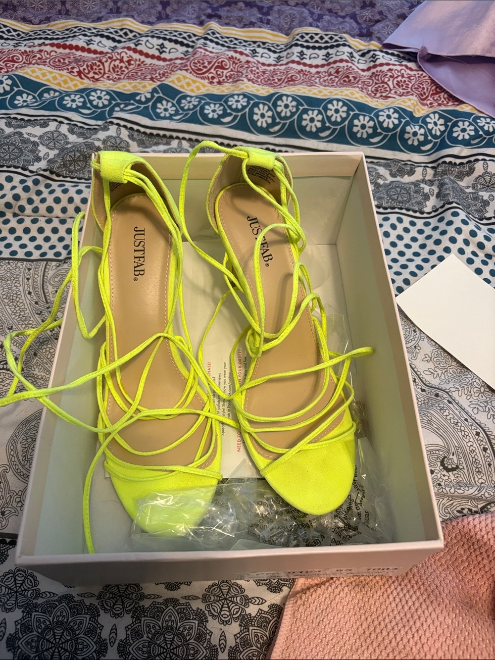 JustFab Neon Lace-Up Heeled Sandals in Neon Yellow